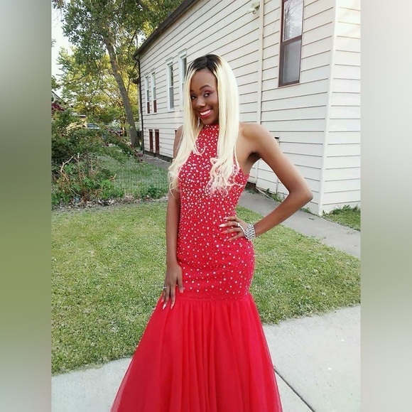 Bright Red Mermaid Prom Dress Halter Sequins Keyhole Back Long size Small​​​​​​​ - Picture 1 of 11